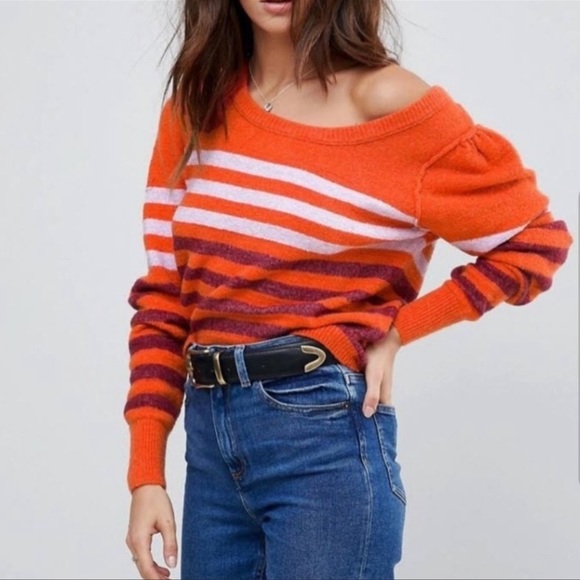 FREE PEOPLE Complete Me Orange Striped Cotton Alpaca Blend Knit Sweater M - Picture 7 of 16